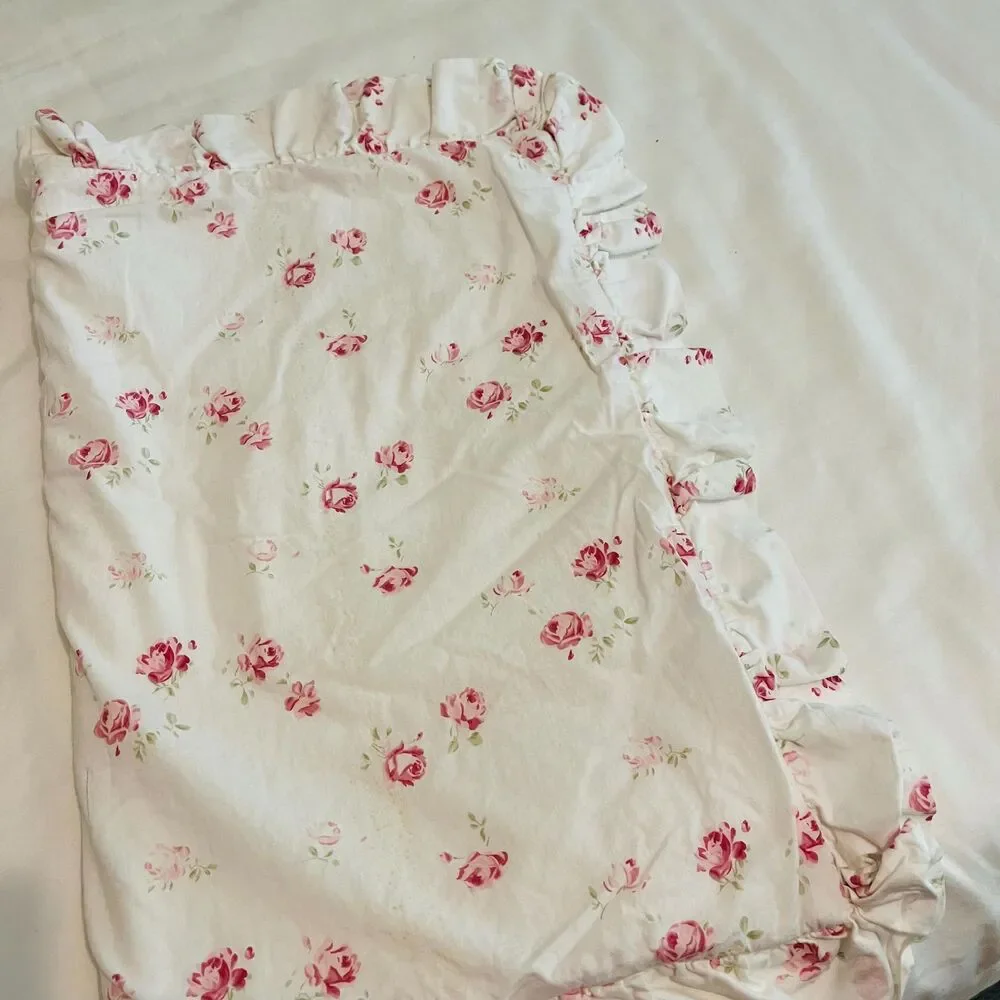 Vintage Simply Shabby Chic Pink Rose Floral Quilt Ruffled Throw Pillow Cover